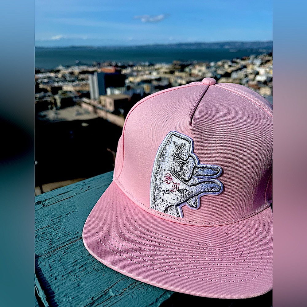 Powder pink and grey embroidery to match the powder pink varsity jacket.